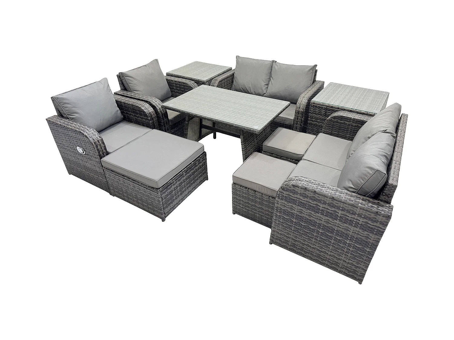 9 places Ensemble de canapé en rotin extérieur avec Table à manger rectangulaire 2 Tables d'appoint 3 Tabourets Gris foncé mixte