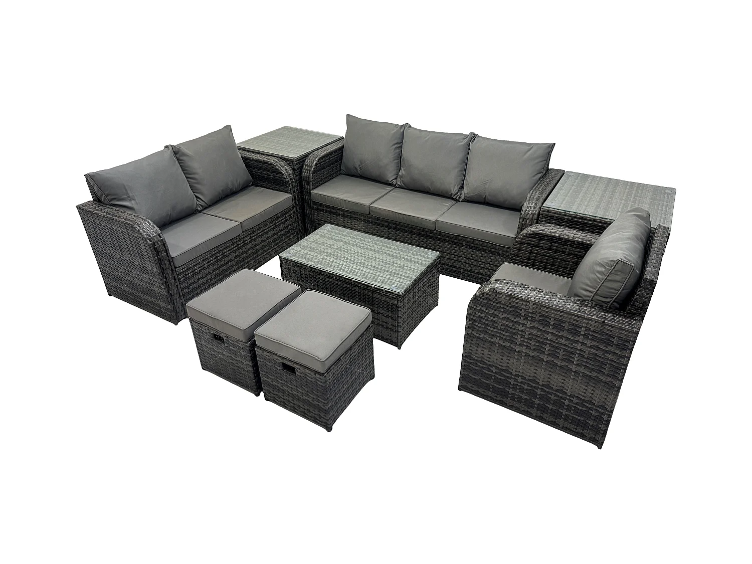 Ensemble de meubles de jardin en polyrotin 8 Pièces avec Table basse rectangulaire Canapé d'amour 2 Petits tabourets 2 Tables d'appoint