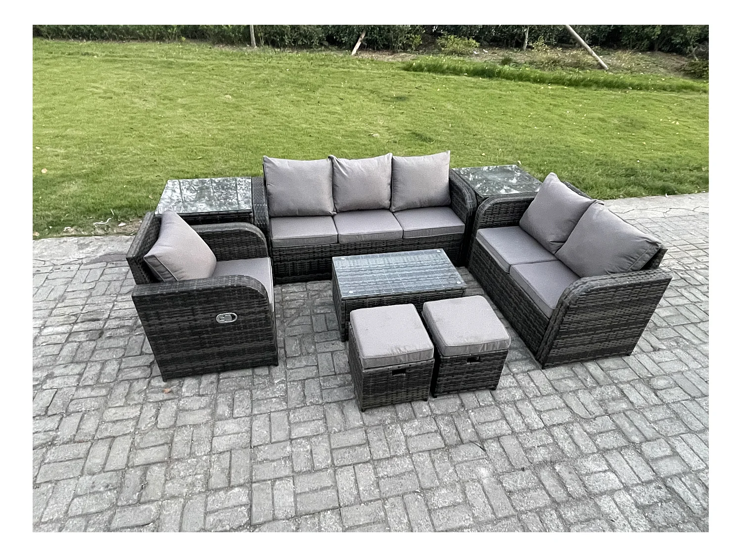 Ensemble de meubles de jardin en polyrotin 8 Pièces avec Table basse rectangulaire Canapé d'amour 2 Petits tabourets 2 Tables d'appoint