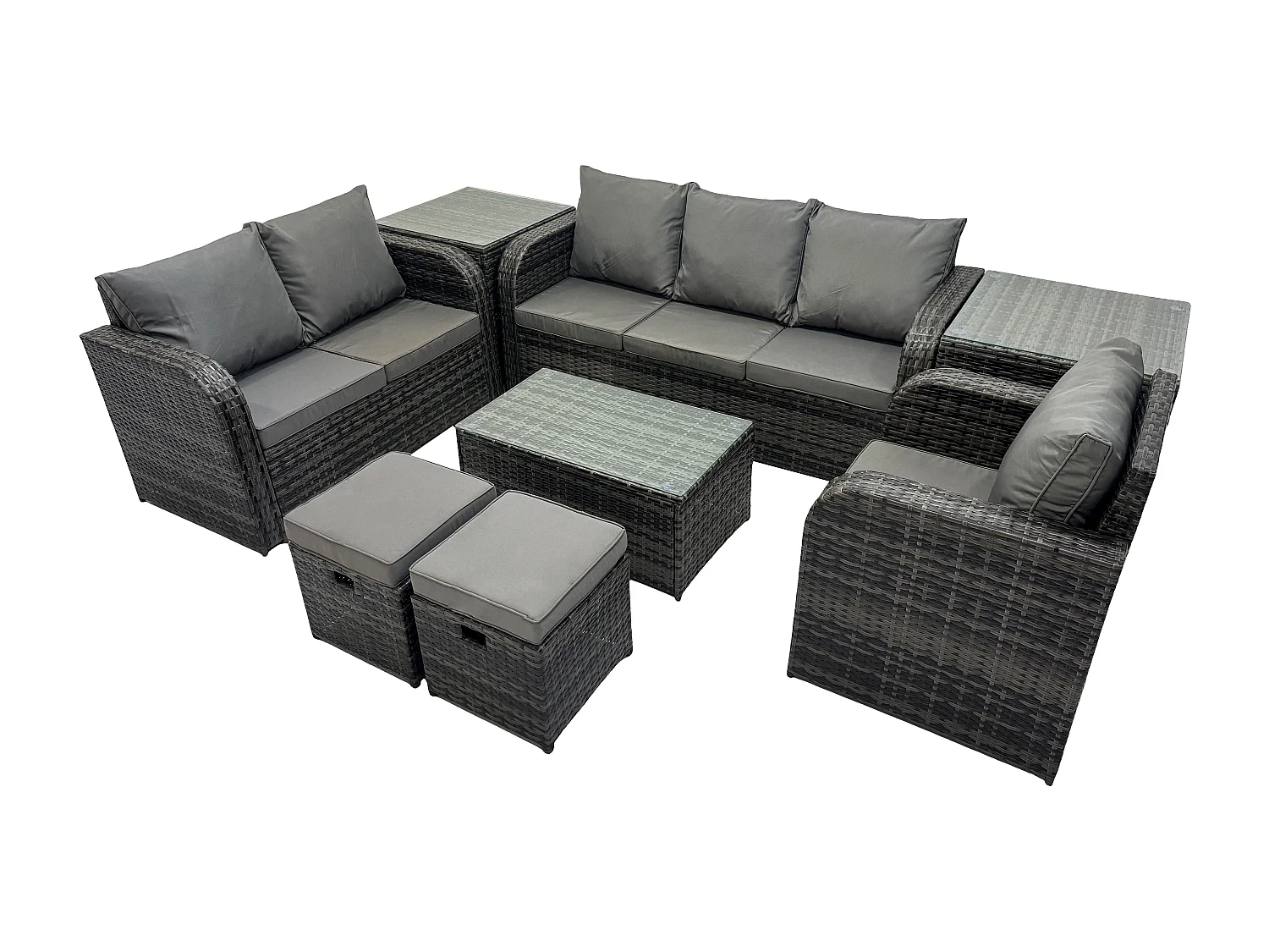 Ensemble de meubles de jardin en polyrotin 8 Pièces avec Table basse rectangulaire Canapé d'amour 2 Petits tabourets 2 Tables d'appoint