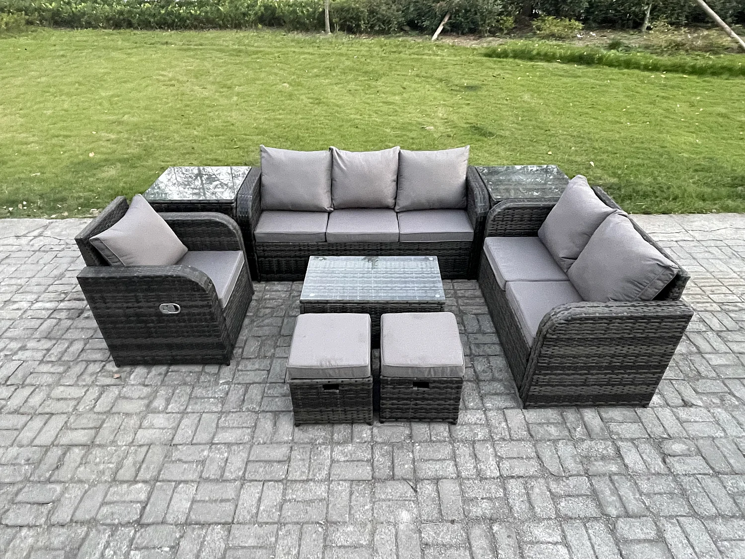 Ensemble de meubles de jardin en polyrotin 8 Pièces avec Table basse rectangulaire Canapé d'amour 2 Petits tabourets 2 Tables d'appoint