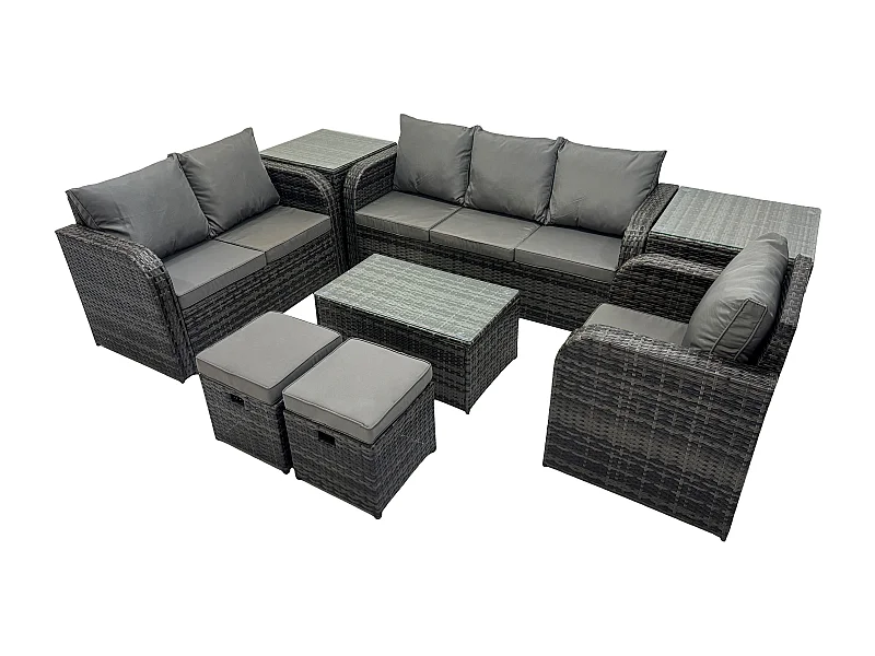 Ensemble de meubles de jardin en polyrotin 8 Pièces avec Table basse rectangulaire Canapé d'amour 2 Petits tabourets 2 Tables d'appoint