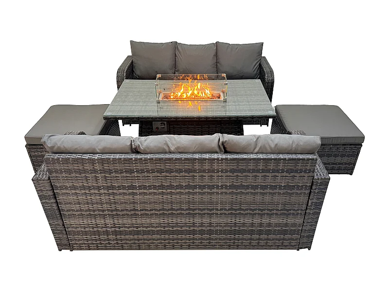 Polyrattan Gartenmöbel Set Garten Sofa im Freien Gasfeuerstelle Esstisch und Sofa set mit 2 hohen Hockern