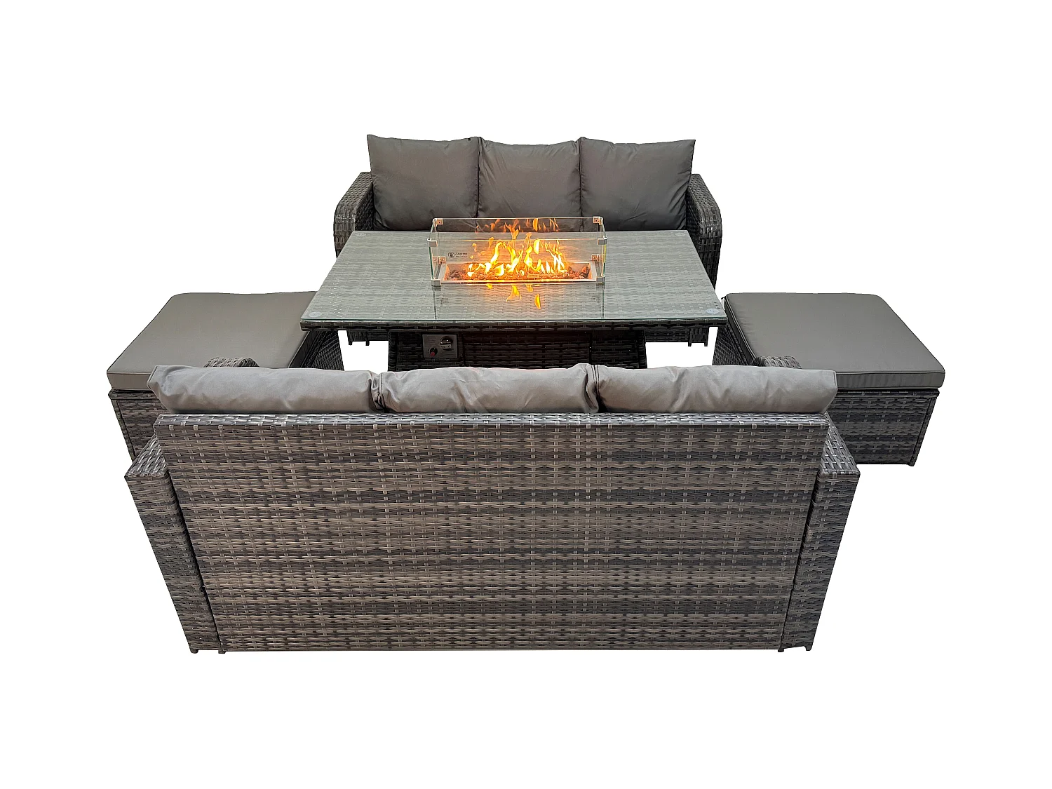 Polyrattan Gartenmöbel Set Garten Sofa im Freien Gasfeuerstelle Esstisch und Sofa set mit 2 hohen Hockern