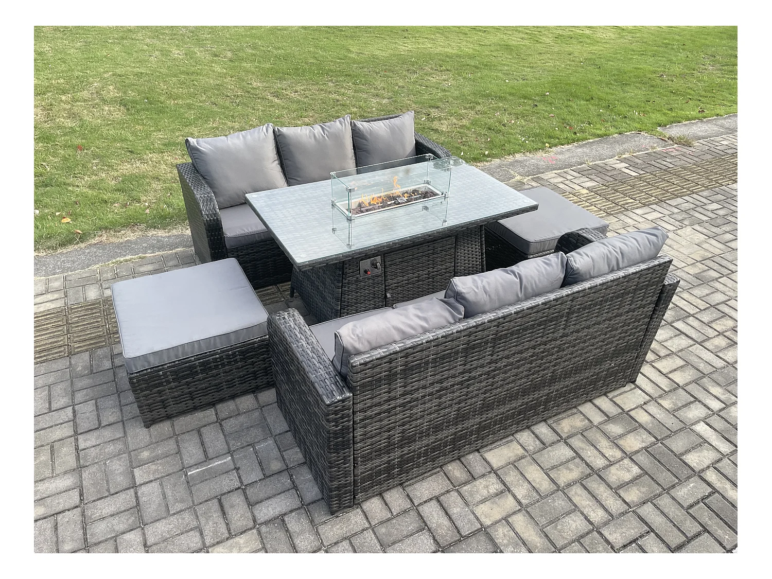 Polyrattan Gartenmöbel Set Garten Sofa im Freien Gasfeuerstelle Esstisch und Sofa set mit 2 hohen Hockern
