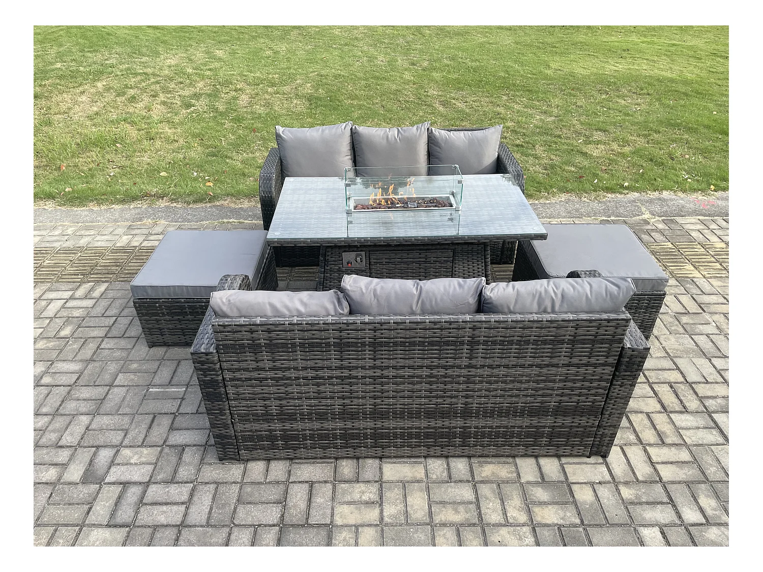 Polyrattan Gartenmöbel Set Garten Sofa im Freien Gasfeuerstelle Esstisch und Sofa set mit 2 hohen Hockern
