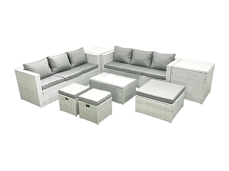 Garten Polyrattanmöbel Set 9-Sitzer Rattan Garten Sofa Set mit 3 Hockern 2 Beistelltischen Hellgrau gemischt