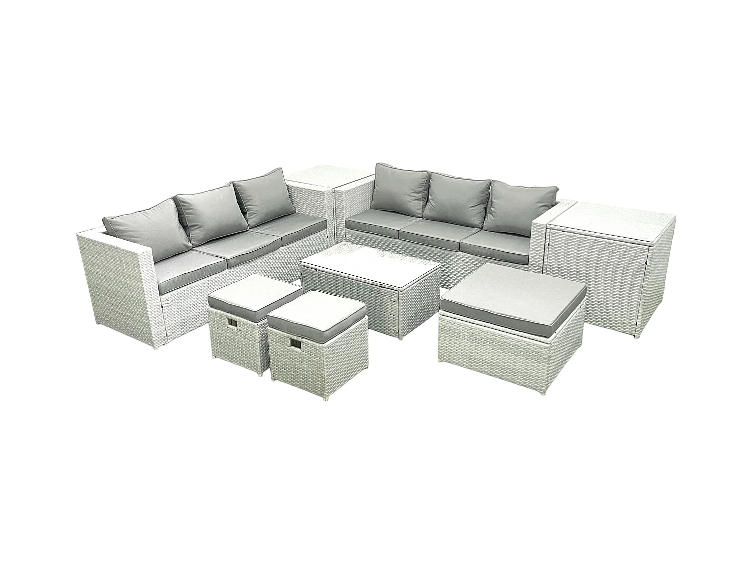 Garten Polyrattanmöbel Set 9-Sitzer Rattan Garten Sofa Set mit 3 Hockern 2 Beistelltischen Hellgrau gemischt