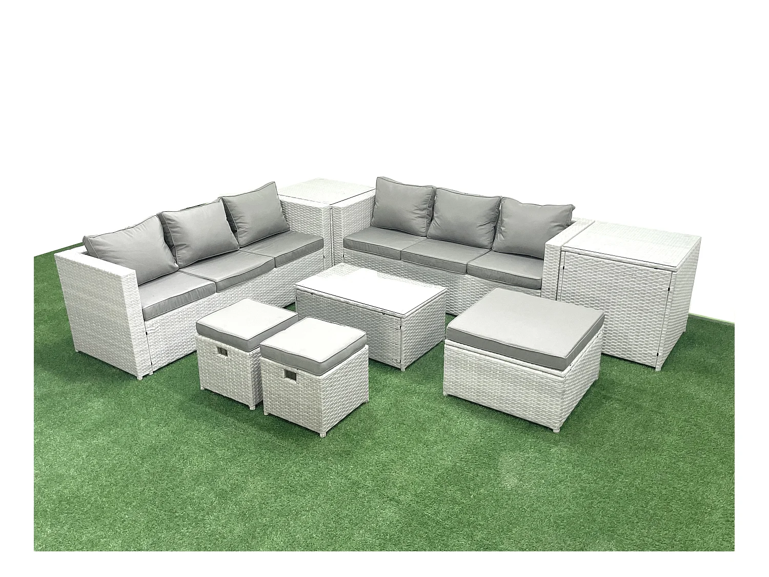 Garten Polyrattanmöbel Set 9-Sitzer Rattan Garten Sofa Set mit 3 Hockern 2 Beistelltischen Hellgrau gemischt
