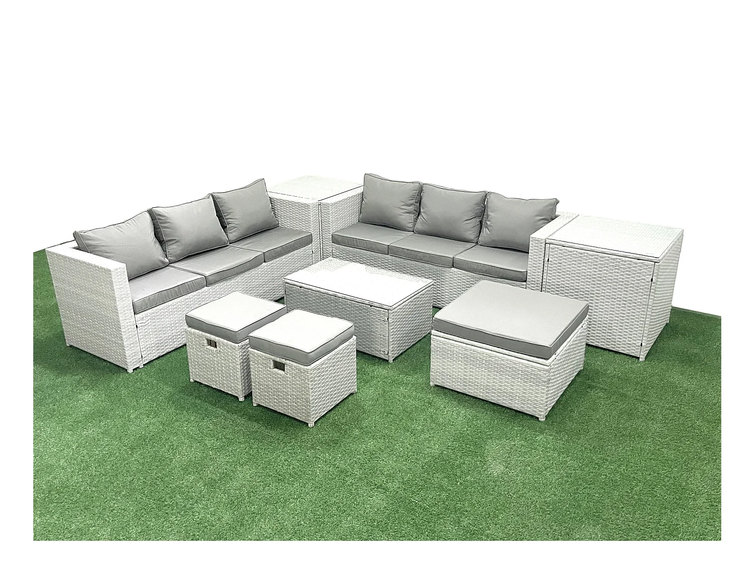 Garten Polyrattanmöbel Set 9-Sitzer Rattan Garten Sofa Set mit 3 Hockern 2 Beistelltischen Hellgrau gemischt