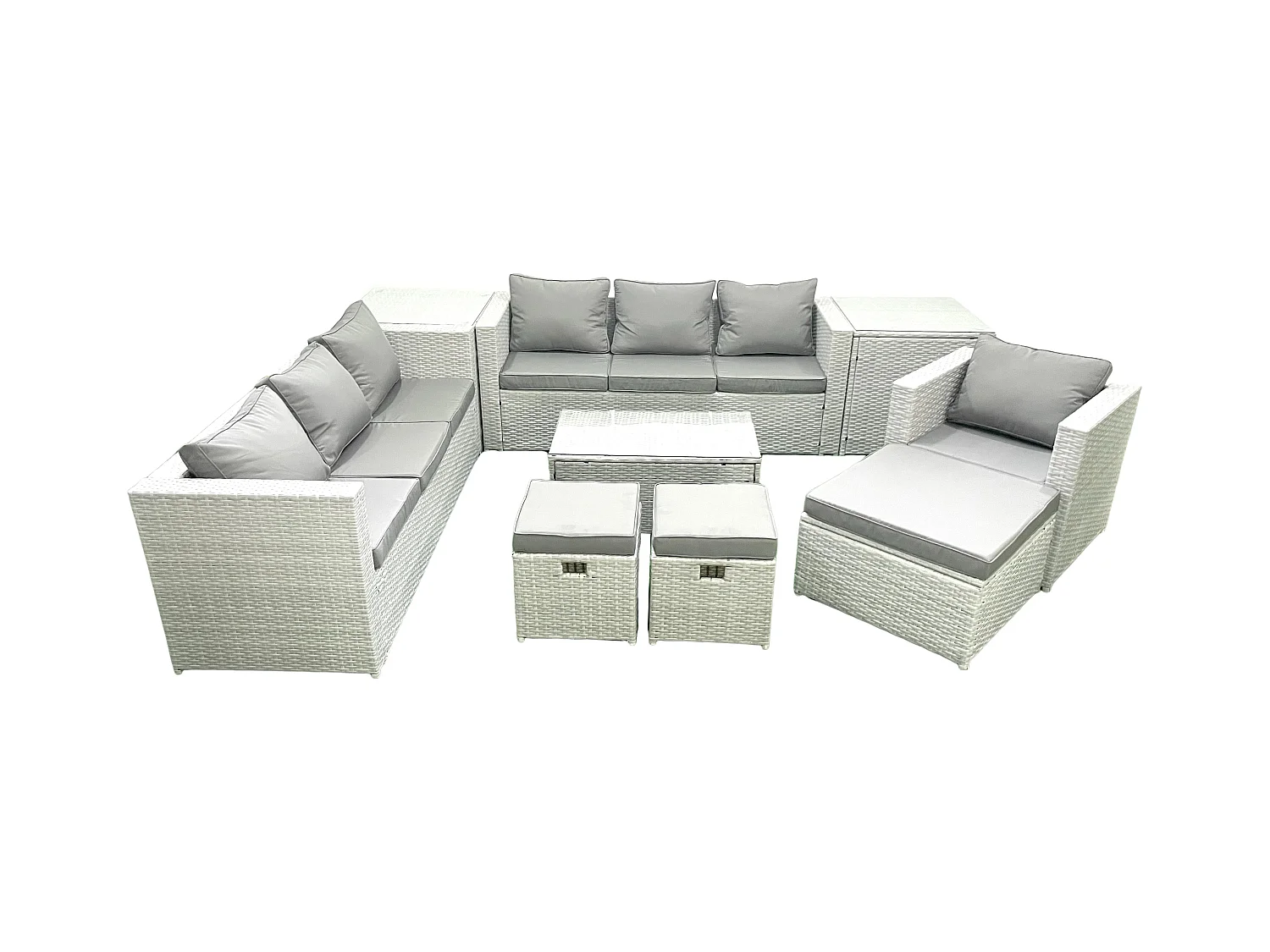 Polyrattan Sofa Gartenmöbel Set mit Sessel Rechteckiger Couchtisch 3 Hockern 2 Beistelltischen Hellgrau gemischt