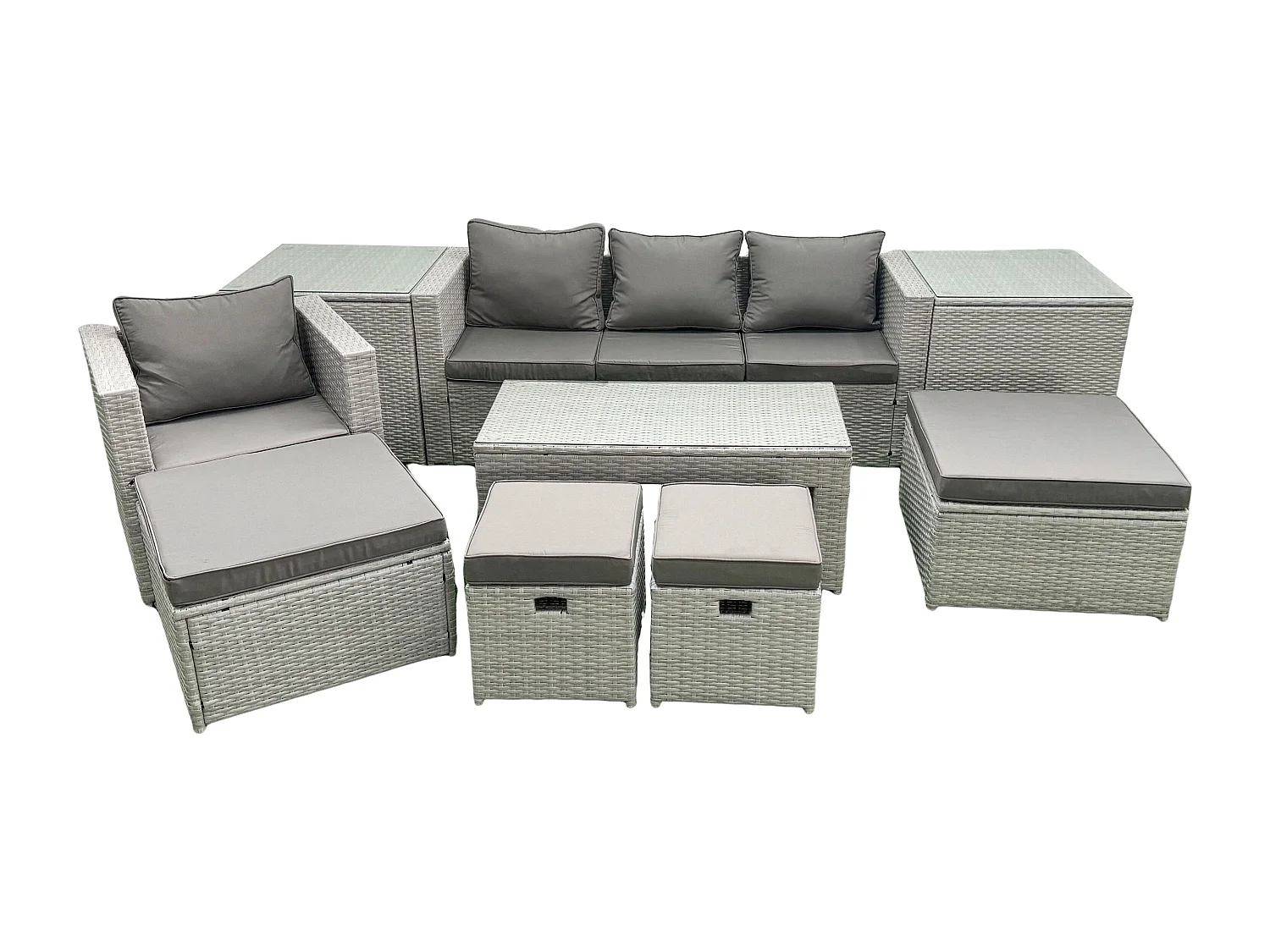 Salon de Jardin Ensemble Ensemble de canapés en rotin avec Table basse 4 Tabourets 2 Tables d'appoint Gris clair mixte