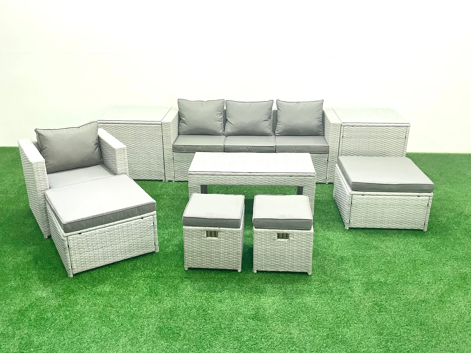 Salon de Jardin Ensemble Ensemble de canapés en rotin avec Table basse 4 Tabourets 2 Tables d'appoint Gris clair mixte