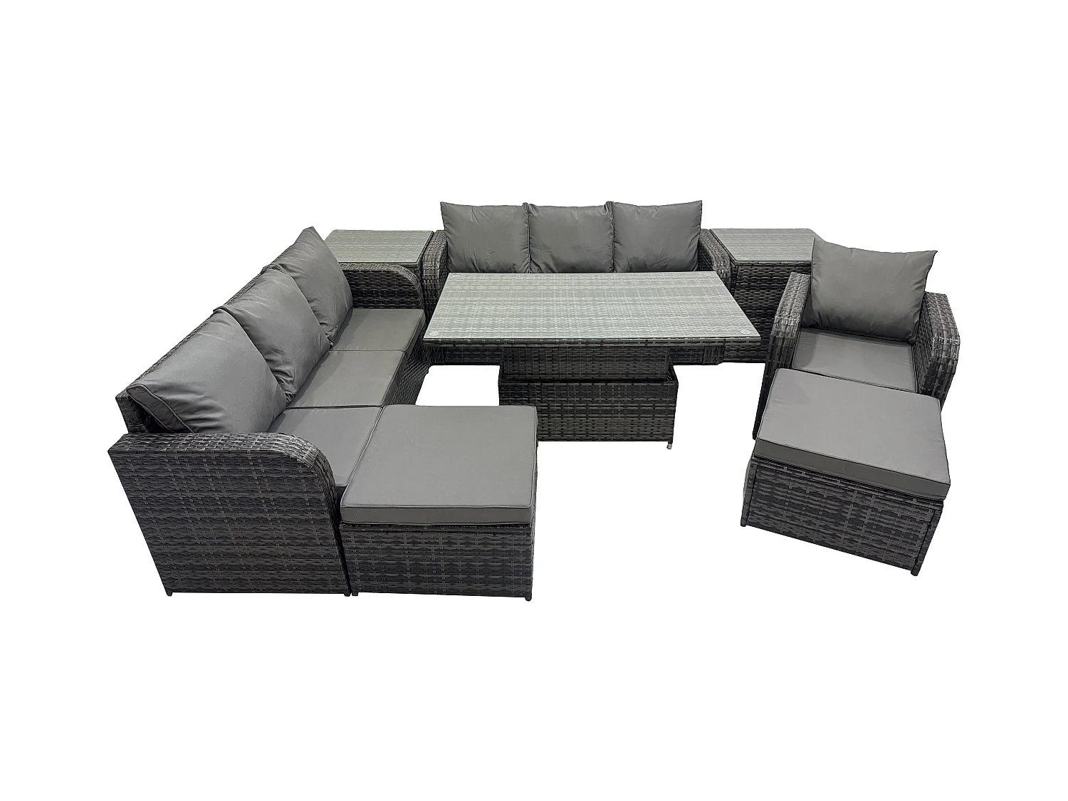 9-Sitzer Polyrattan Gartenmöbel-Sets höhenverstellbarer Tisch Sofa Set mit 2 Beistelltischen Liegestühle 2 hohen Hockern