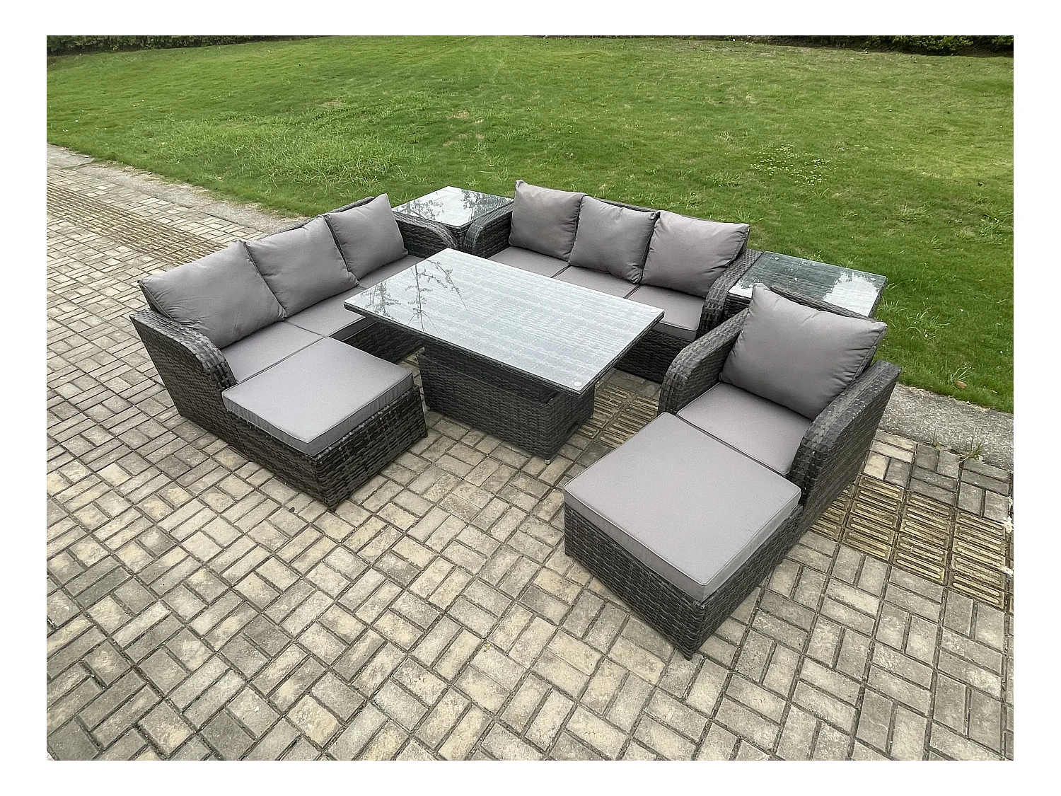 9-Sitzer Polyrattan Gartenmöbel-Sets höhenverstellbarer Tisch Sofa Set mit 2 Beistelltischen Liegestühle 2 hohen Hockern