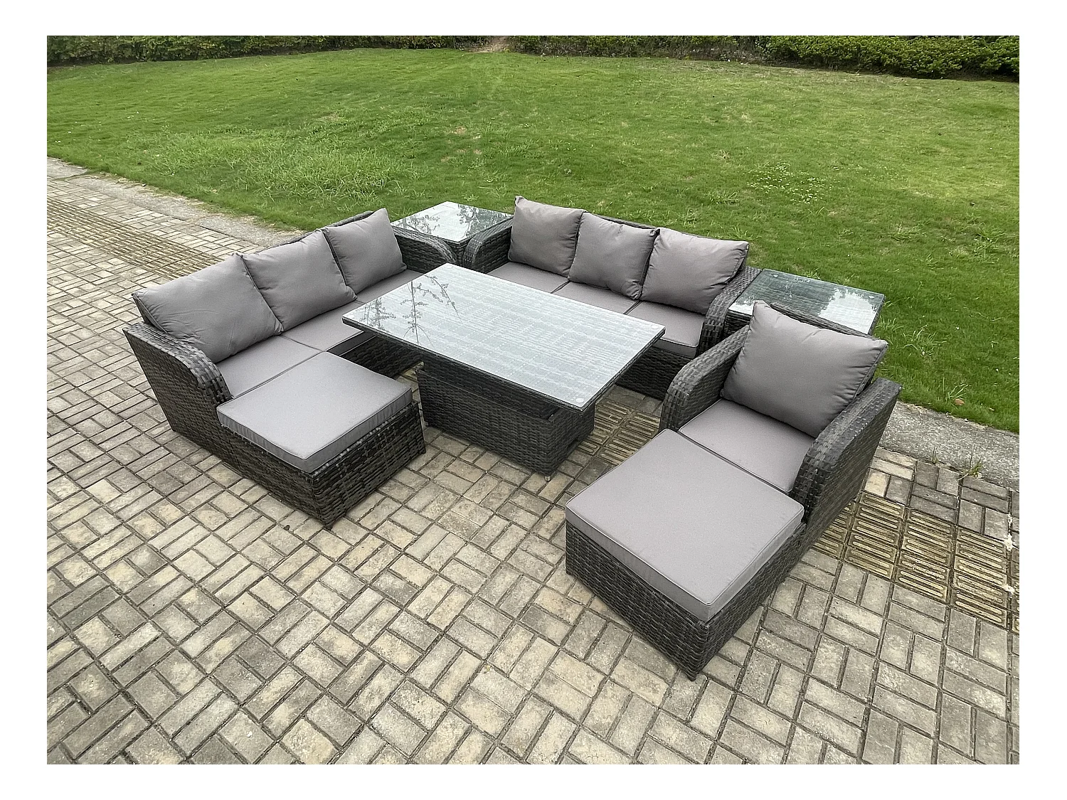 9-Sitzer Polyrattan Gartenmöbel-Sets höhenverstellbarer Tisch Sofa Set mit 2 Beistelltischen Liegestühle 2 hohen Hockern