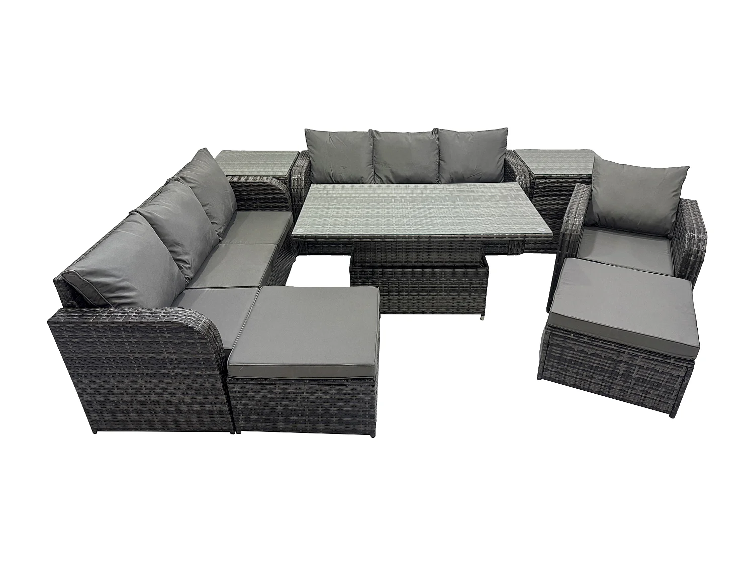 9-Sitzer Polyrattan Gartenmöbel-Sets höhenverstellbarer Tisch Sofa Set mit 2 Beistelltischen Liegestühle 2 hohen Hockern