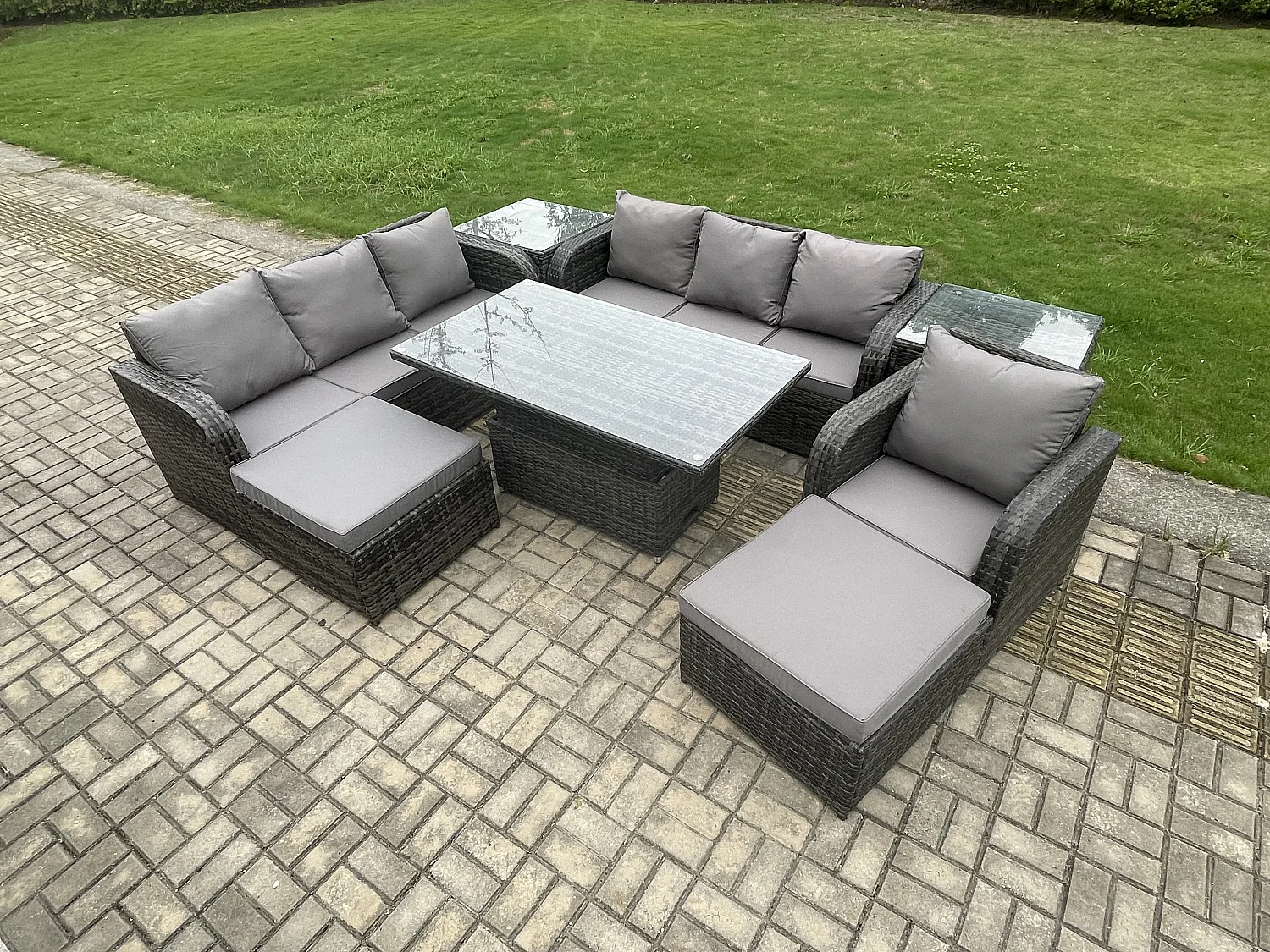 9-Sitzer Polyrattan Gartenmöbel-Sets höhenverstellbarer Tisch Sofa Set mit 2 Beistelltischen Liegestühle 2 hohen Hockern