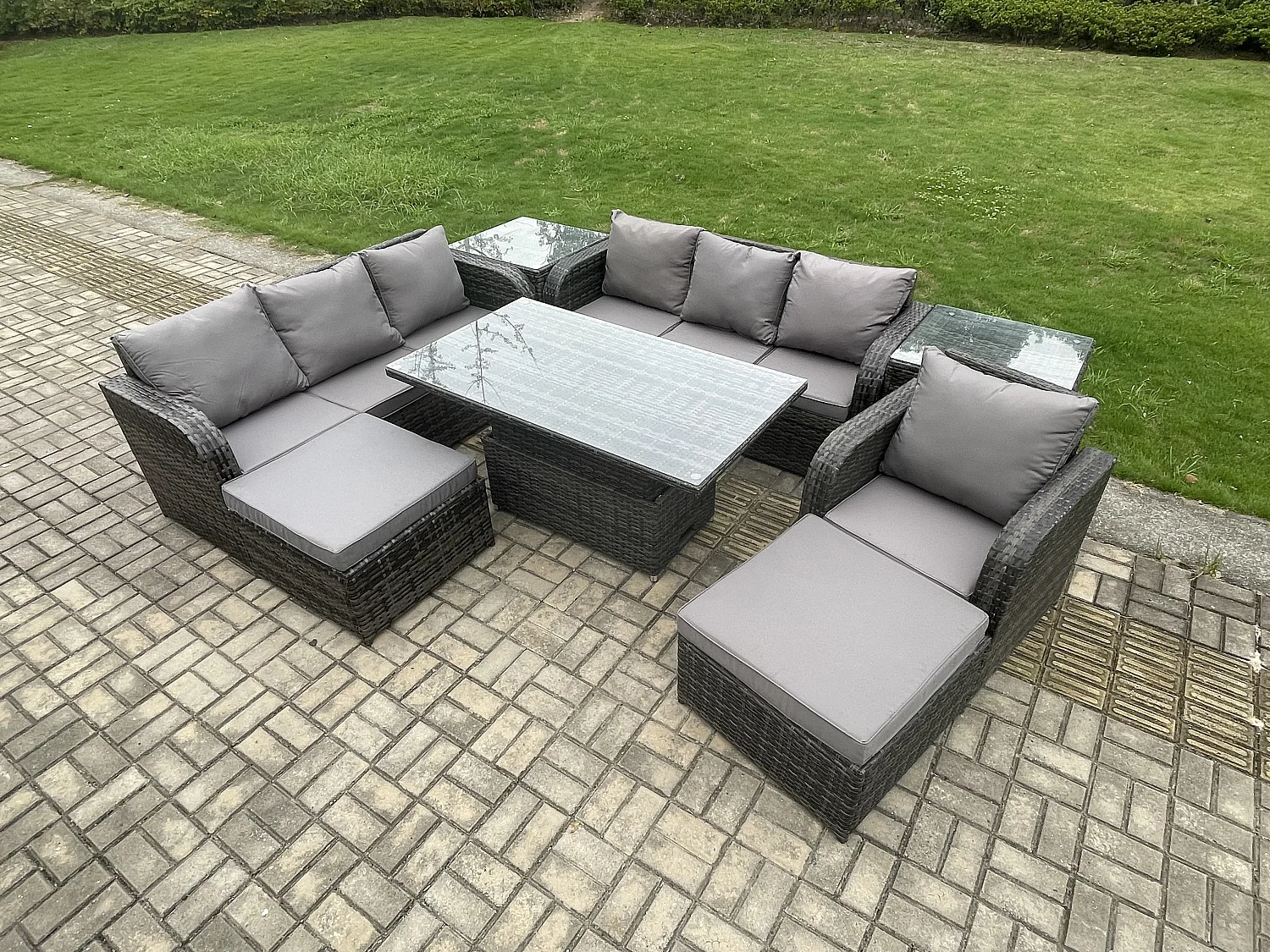 9-Sitzer Polyrattan Gartenmöbel-Sets höhenverstellbarer Tisch Sofa Set mit 2 Beistelltischen Liegestühle 2 hohen Hockern