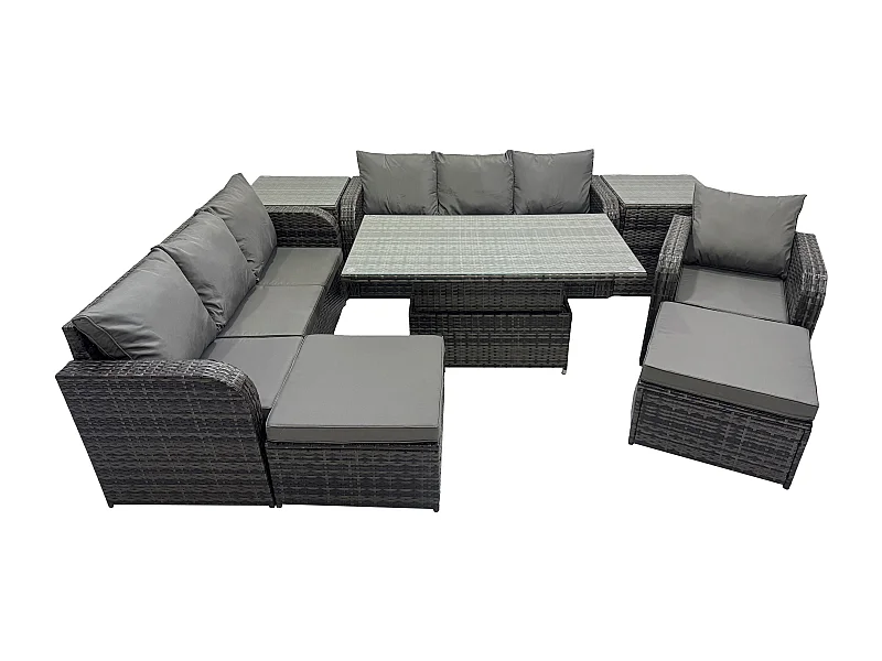 9-Sitzer Polyrattan Gartenmöbel-Sets höhenverstellbarer Tisch Sofa Set mit 2 Beistelltischen Liegestühle 2 hohen Hockern