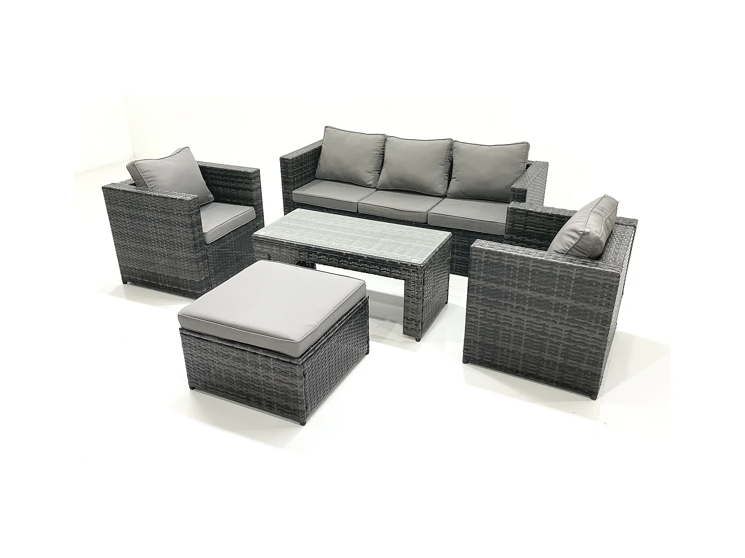 Salon de jardin Ensemble de canapés en rotin avec Table basse 2 Fauteuil Grand tabouret Gris foncé mixte