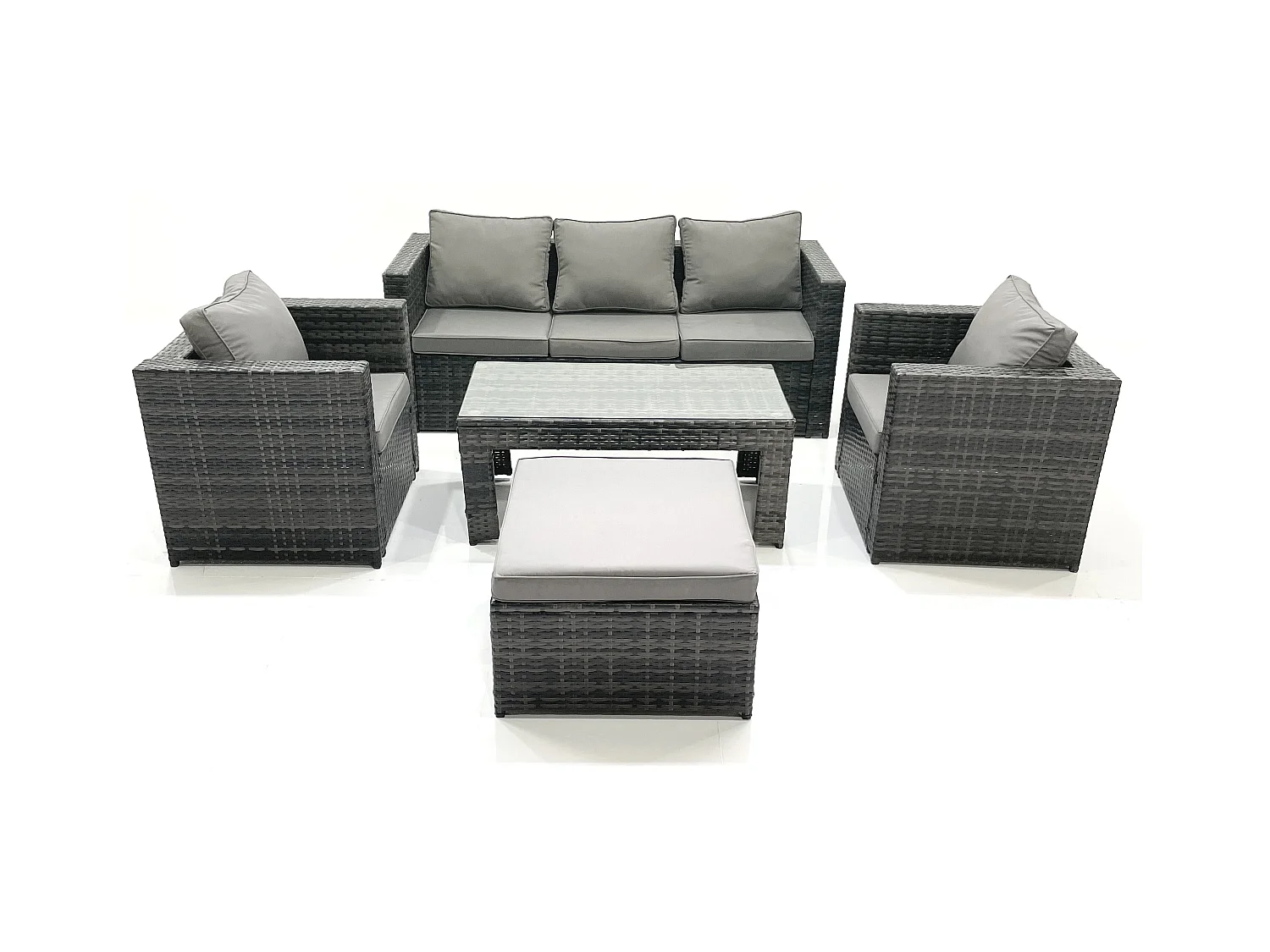 Salon de jardin Ensemble de canapés en rotin avec Table basse 2 Fauteuil Grand tabouret Gris foncé mixte