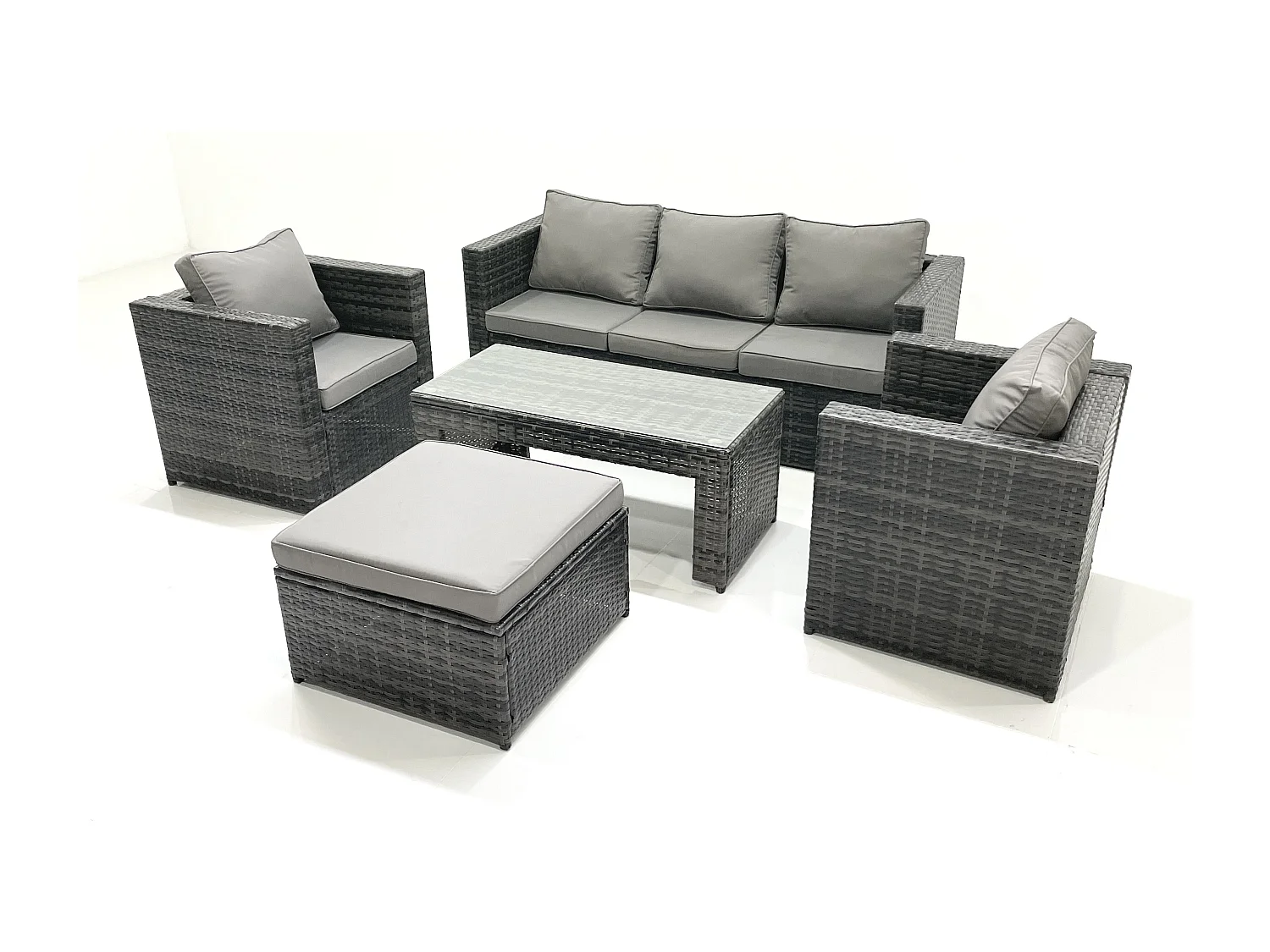 Fimous Rattan Garden Furniture Set Outdoor Lounger Sofa with Coffee Table 2 Armchair Big Footstool Dark Grey Mixed