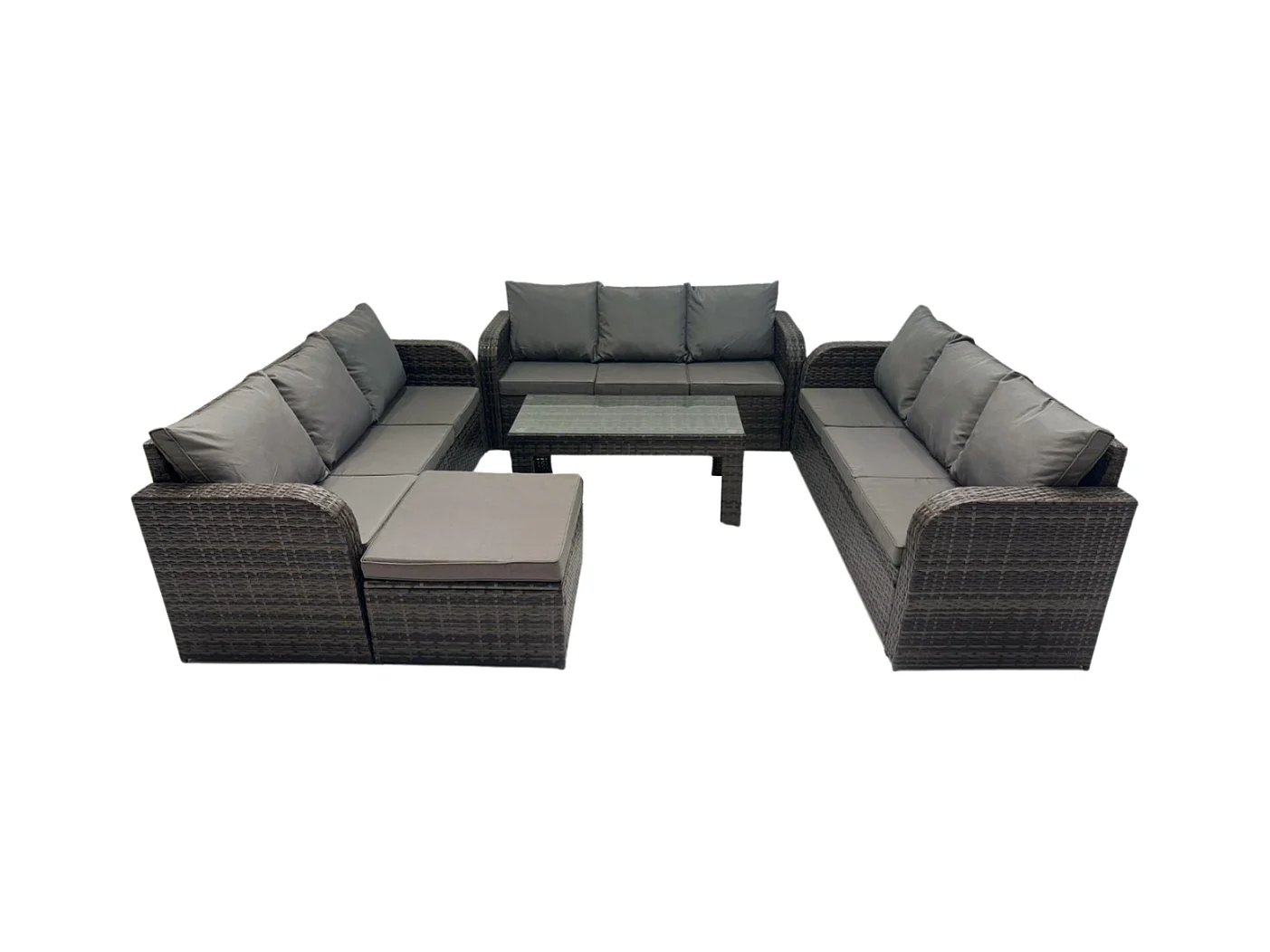 Garten Sofa im Freien Set 10-Sitzer Polyrattan Gartenmöbel Set mit Rechteckiger Couchtisch 2 Großer Hockern 3-Sitzer Sofa Dunkelgrau Gemischt