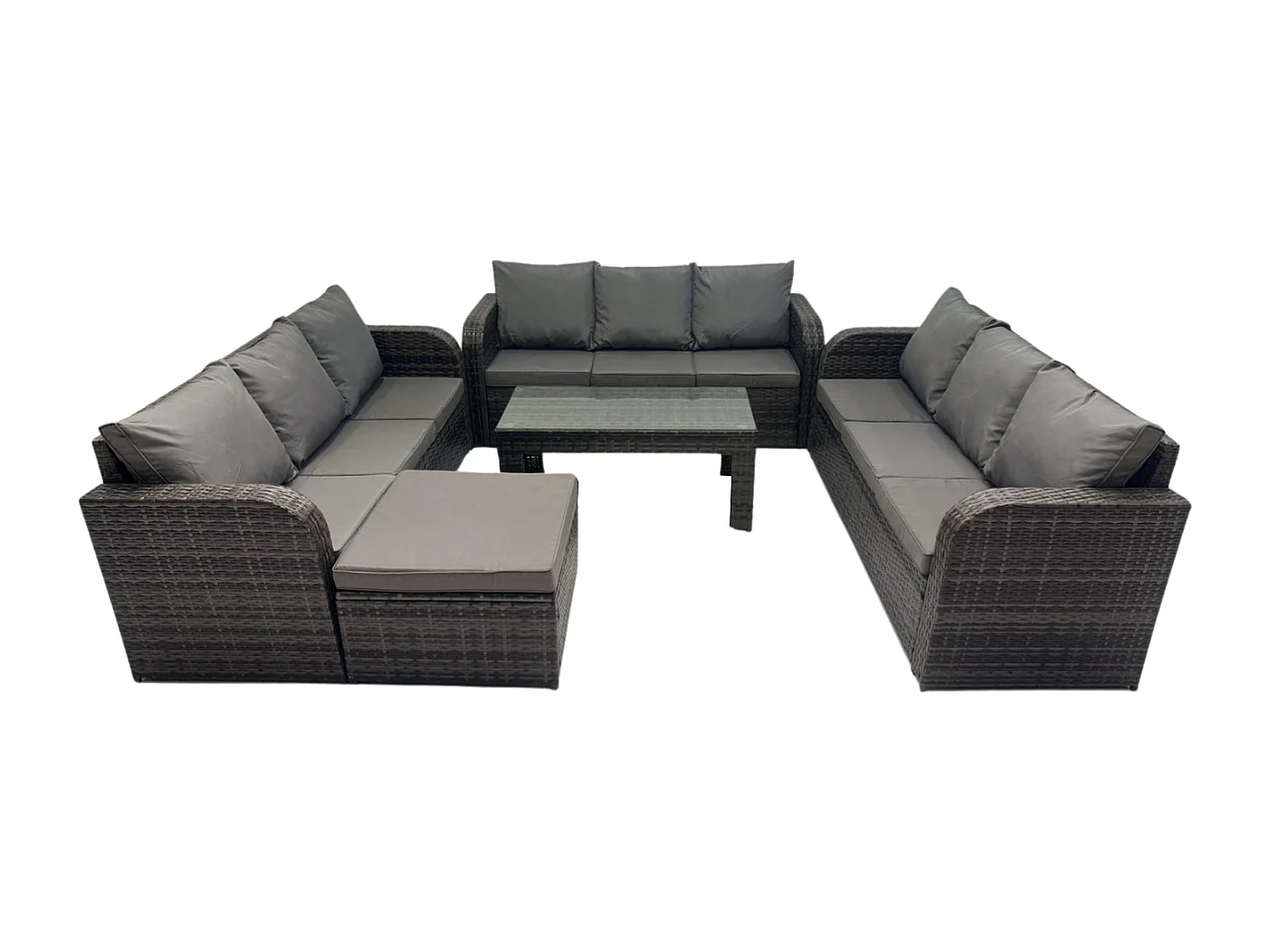 Garten Sofa im Freien Set 10-Sitzer Polyrattan Gartenmöbel Set mit Rechteckiger Couchtisch 2 Großer Hockern 3-Sitzer Sofa Dunkelgrau Gemischt