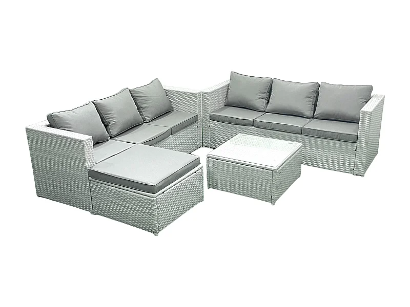 Gartenmöbel im Freien Polyrattan 7-Sitzer Rattan Garten Sofa Set mit 2 Großer Hockern Hellgrau gemischt