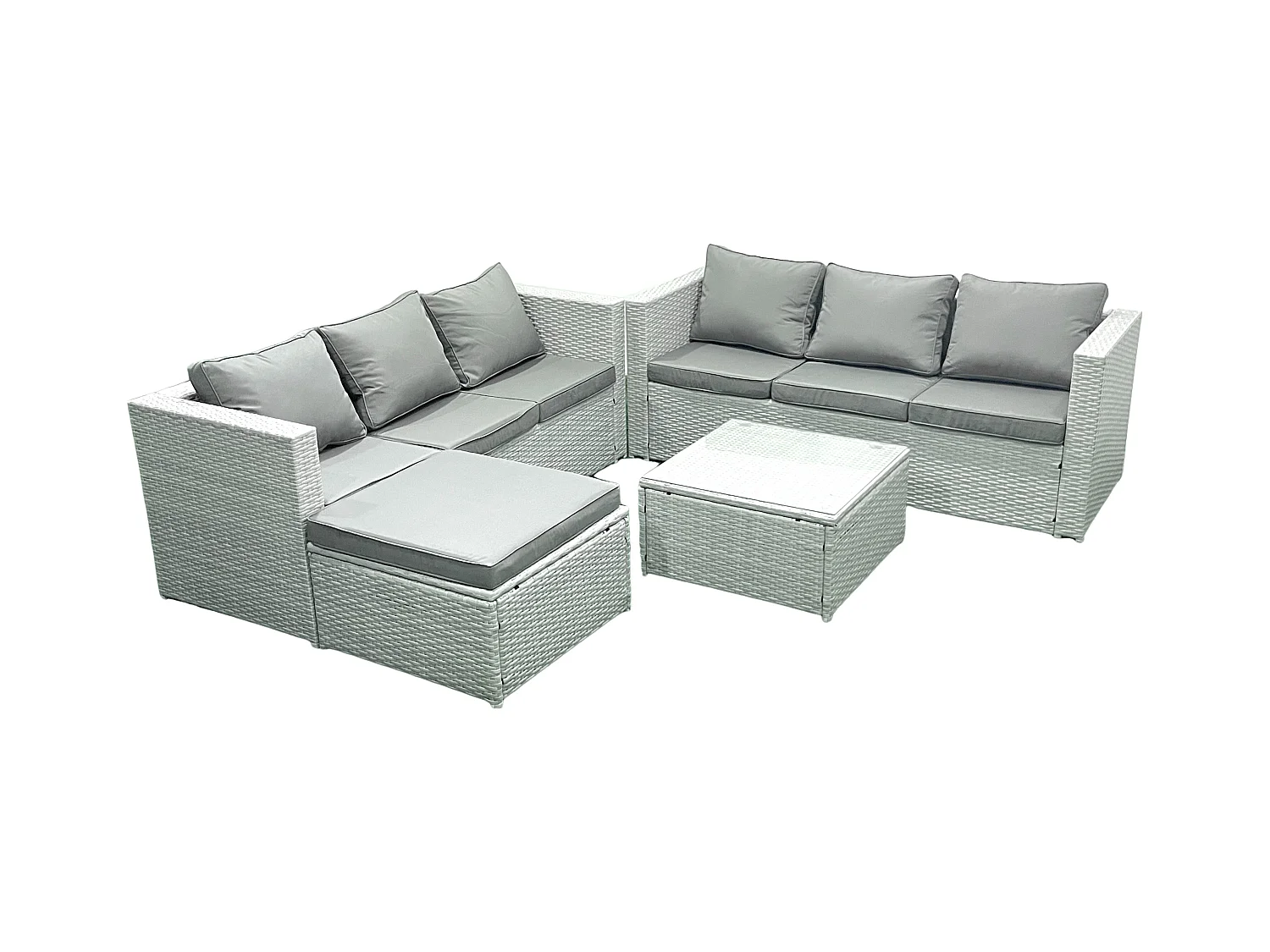 Gartenmöbel im Freien Polyrattan 7-Sitzer Rattan Garten Sofa Set mit 2 Großer Hockern Hellgrau gemischt