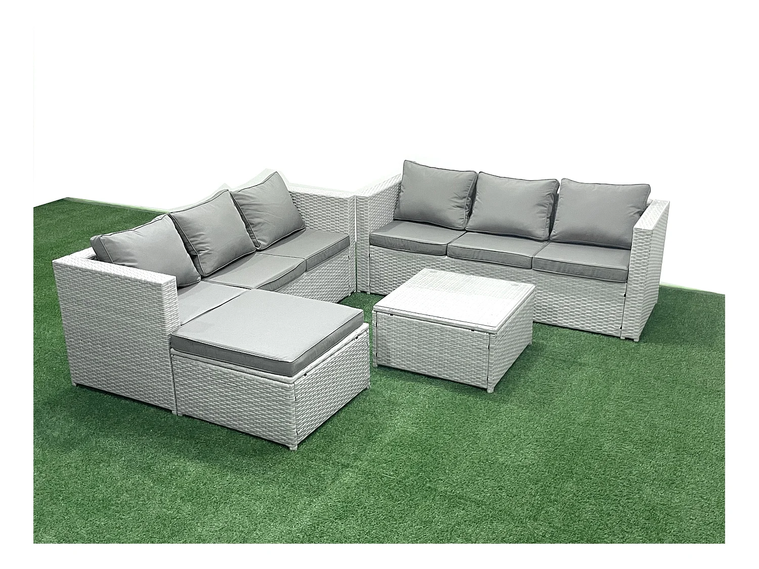 Gartenmöbel im Freien Polyrattan 7-Sitzer Rattan Garten Sofa Set mit 2 Großer Hockern Hellgrau gemischt