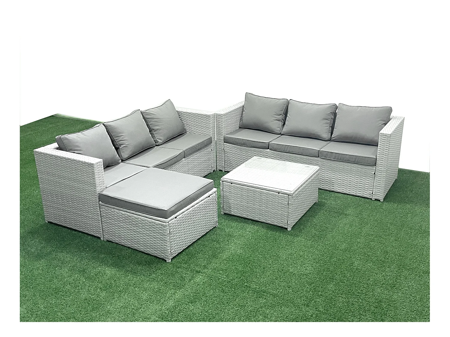 Gartenmöbel im Freien Polyrattan 7-Sitzer Rattan Garten Sofa Set mit 2 Großer Hockern Hellgrau gemischt
