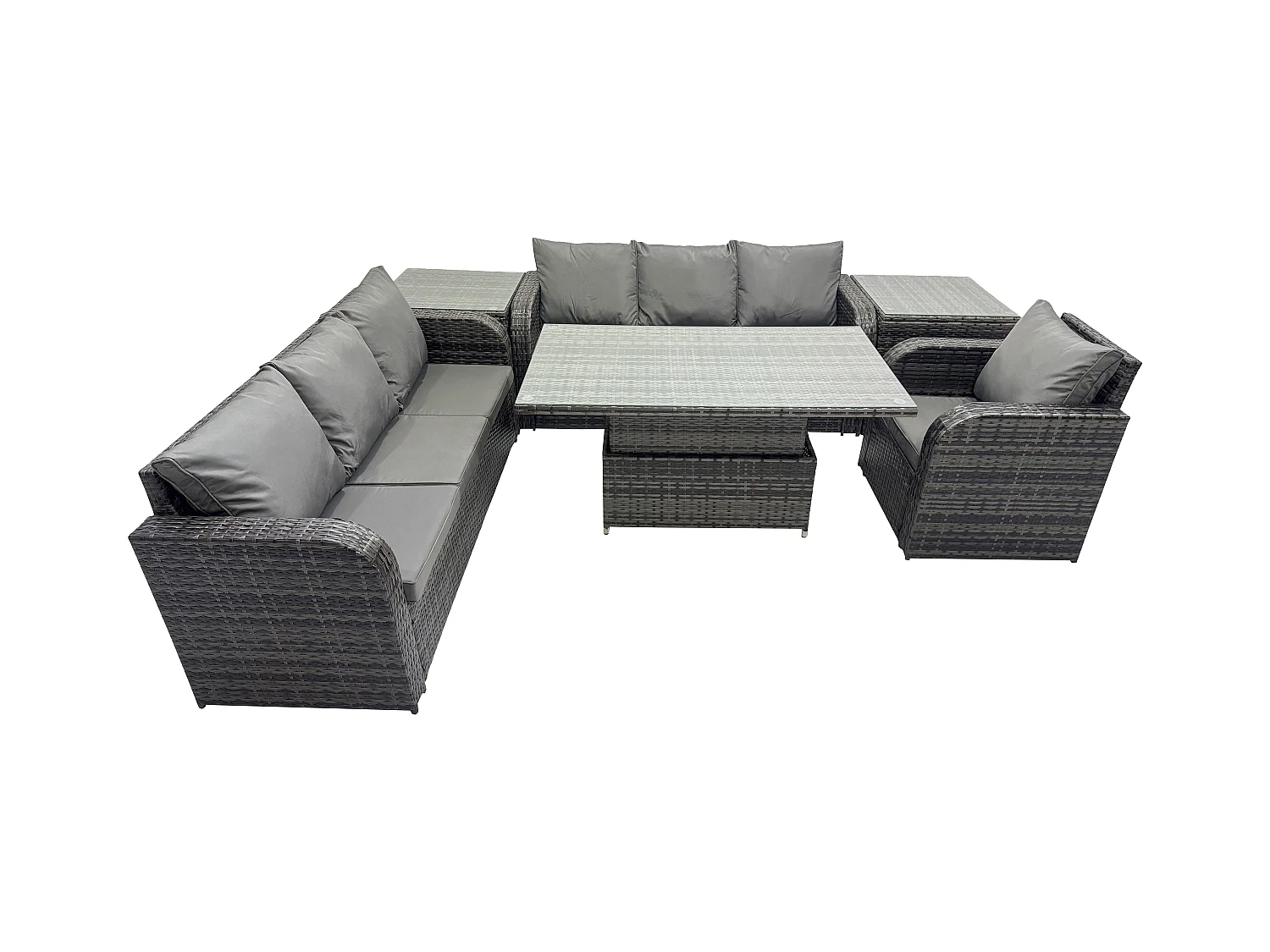 Outdoor Polyrattan Gartenmöbel Sets höhenverstellbarer Tisch Sofa Set mit Liegestühle 2 Beistelltischen Dunkelgrau Gemischt