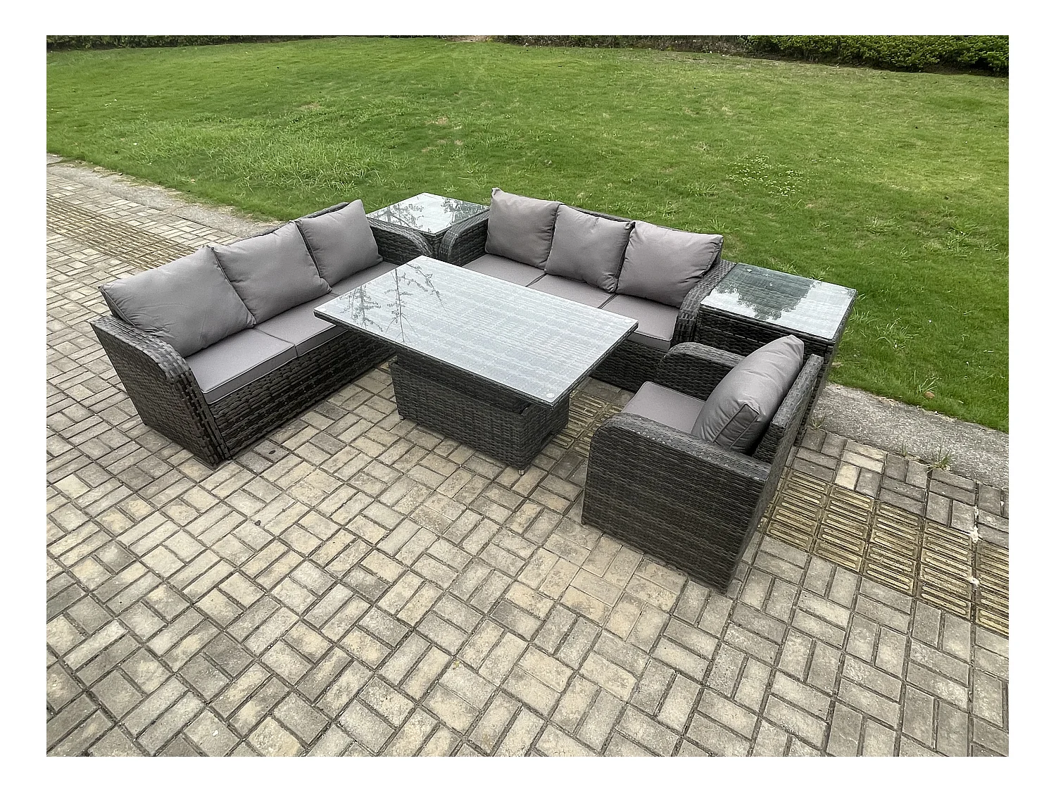 Outdoor Polyrattan Gartenmöbel Sets höhenverstellbarer Tisch Sofa Set mit Liegestühle 2 Beistelltischen Dunkelgrau Gemischt