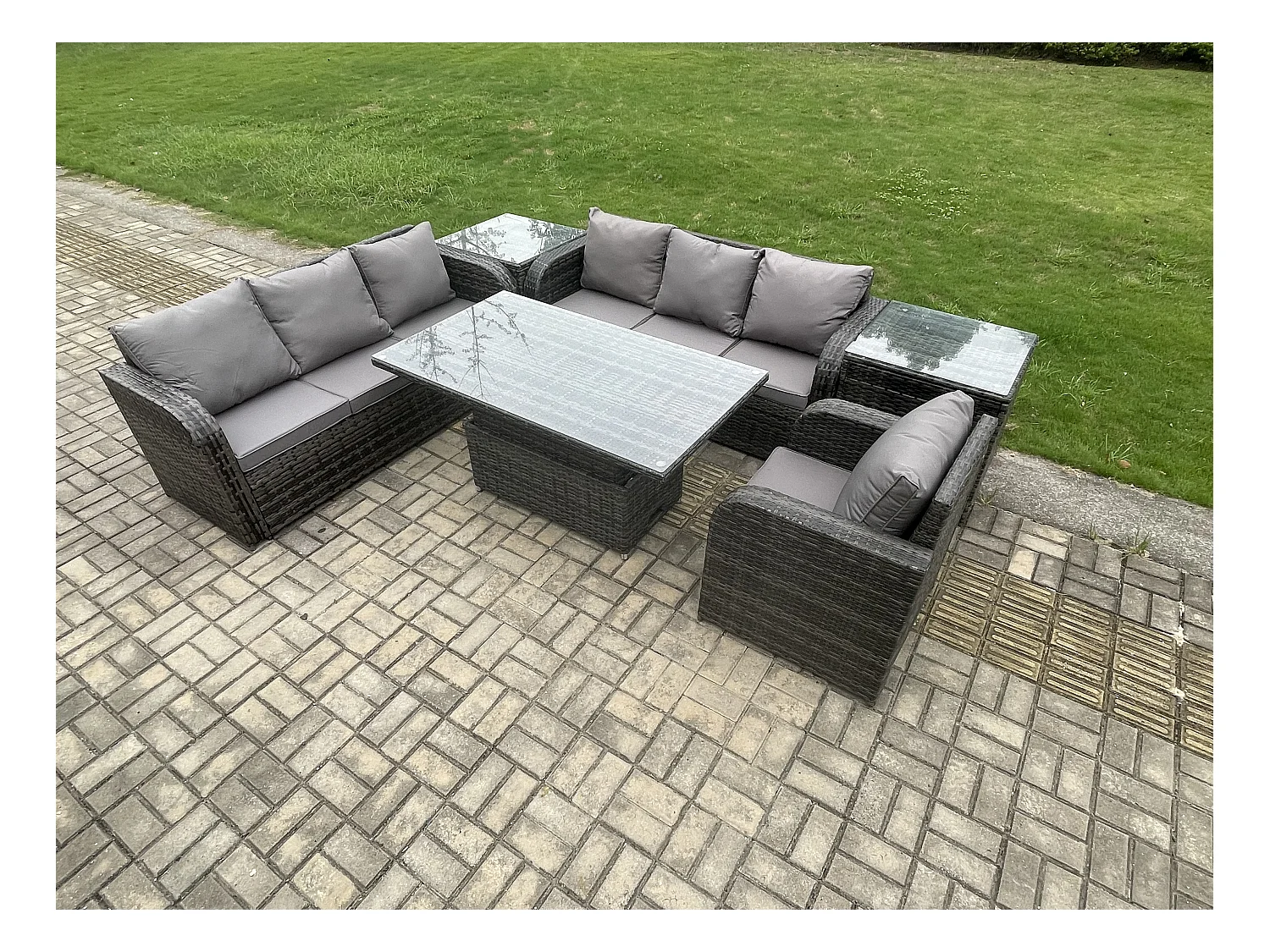 Outdoor Polyrattan Gartenmöbel Sets höhenverstellbarer Tisch Sofa Set mit Liegestühle 2 Beistelltischen Dunkelgrau Gemischt
