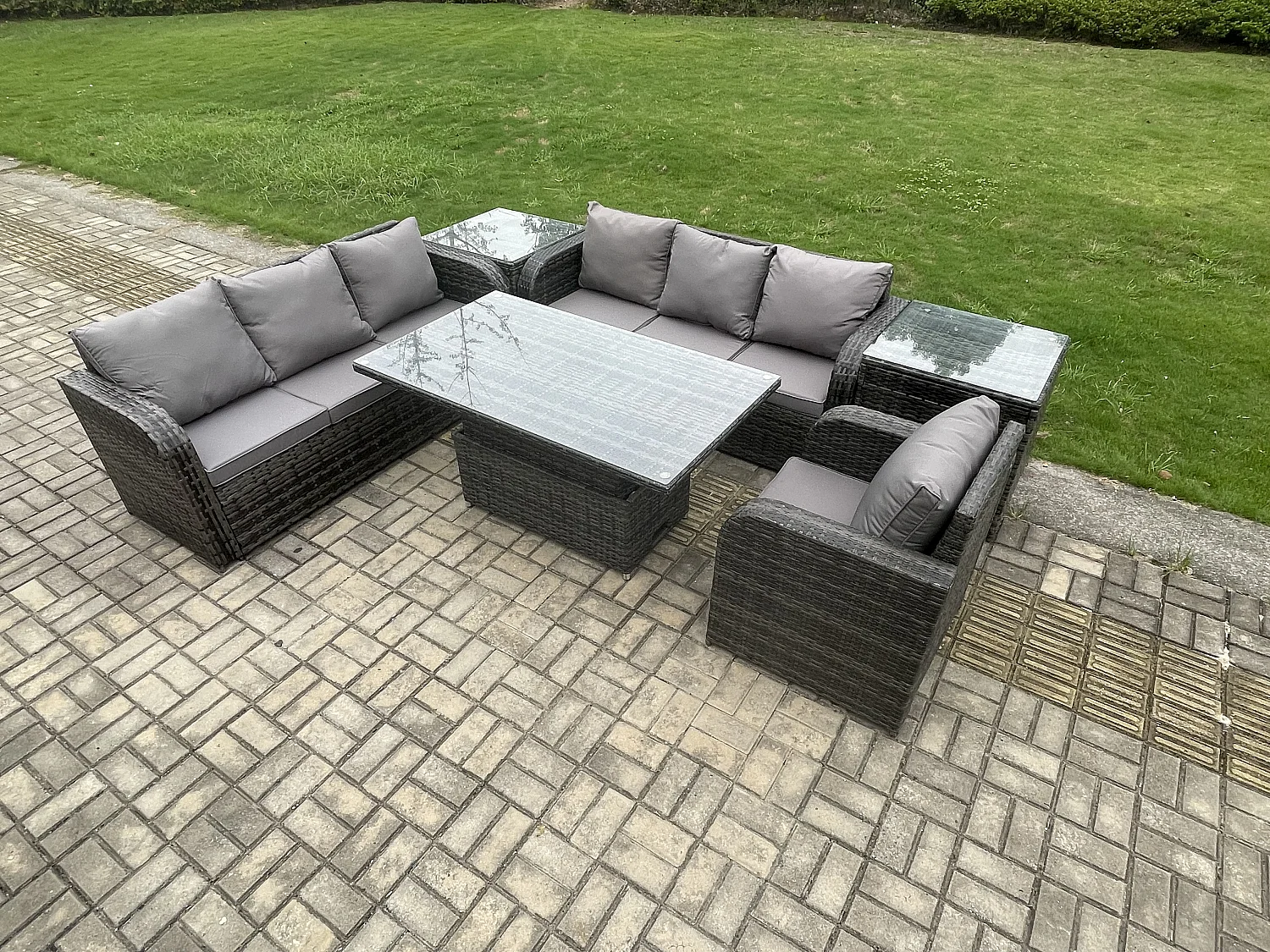 Salon de jardin Table à manger réglable en hauteur Canapé avec Chaise inclinable 2 Tables d'appoint Gris foncé mixte