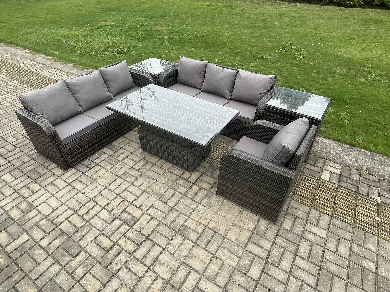 Salon de jardin Table à manger réglable en hauteur Canapé avec Chaise inclinable 2 Tables d'appoint Gris foncé mixte