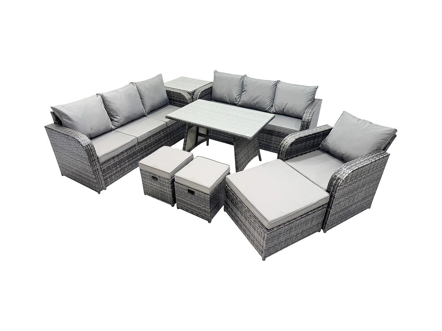 8 Pièces Ensemble de meubles de jardin en polyrotin avec Table à manger rectangulaire Fauteuil 3 Tabourets Table d'appoint Gris foncé mixte