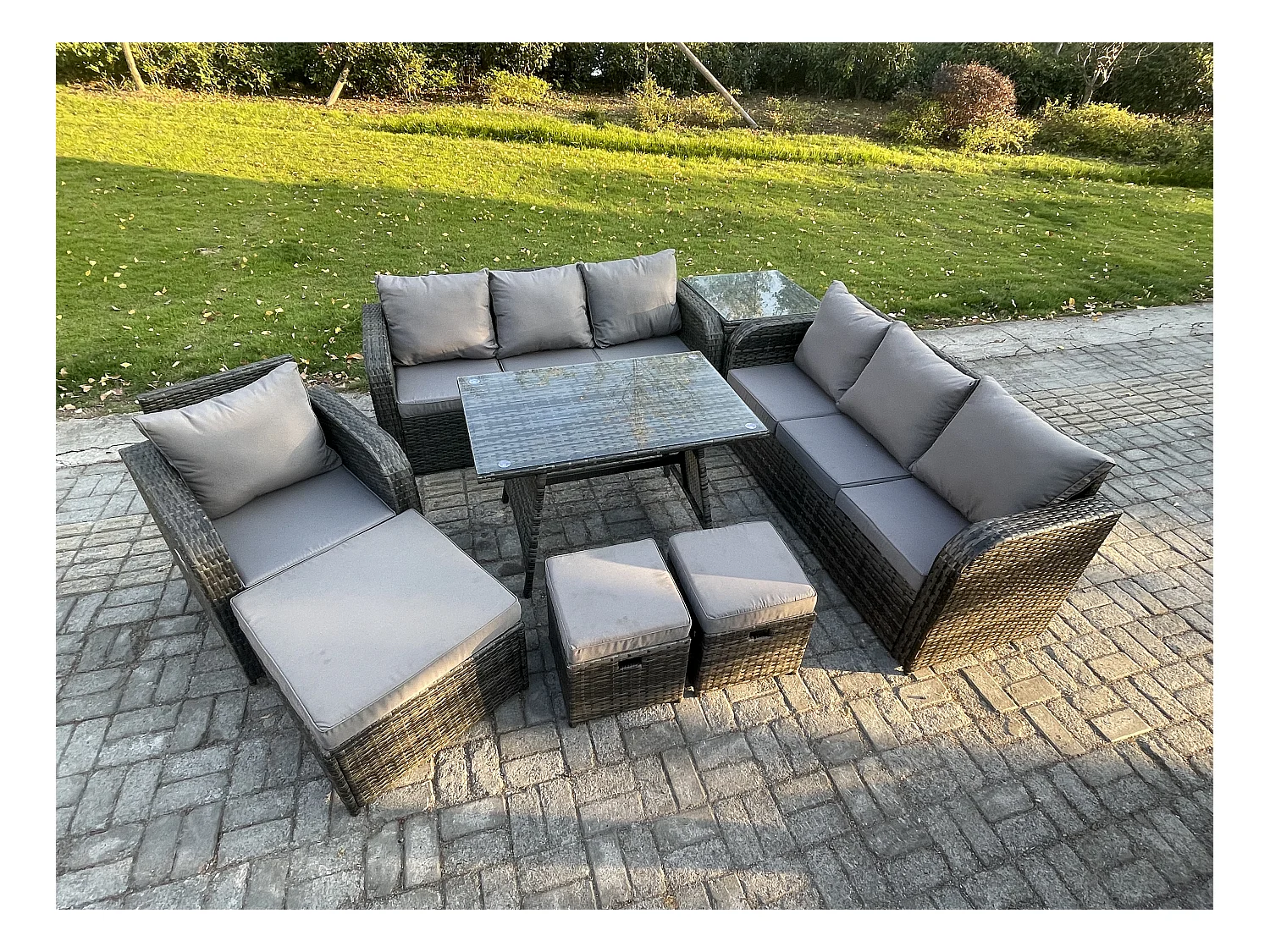 8 Pièces Ensemble de meubles de jardin en polyrotin avec Table à manger rectangulaire Fauteuil 3 Tabourets Table d'appoint Gris foncé mixte