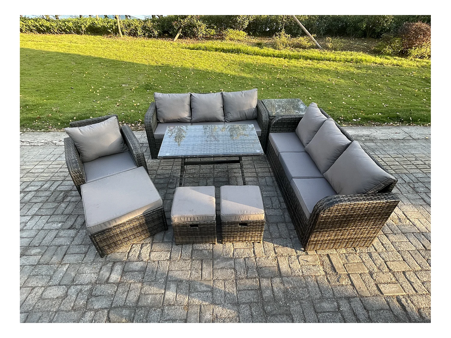 8 Pièces Ensemble de meubles de jardin en polyrotin avec Table à manger rectangulaire Fauteuil 3 Tabourets Table d'appoint Gris foncé mixte