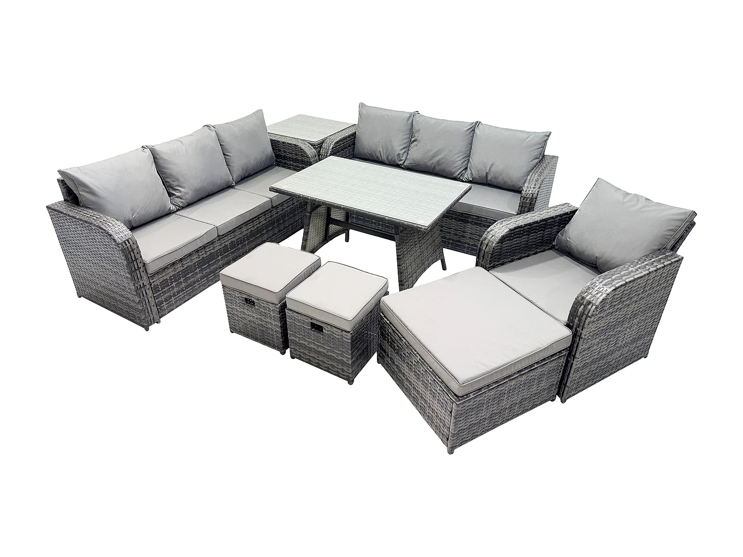 Wicker 8 Stücke Polyrattan Gartenmöbel set mit Rechteckiger Esstisch Sessel 3 Hockern Beistelltisch Dunkelgrau Gemischt