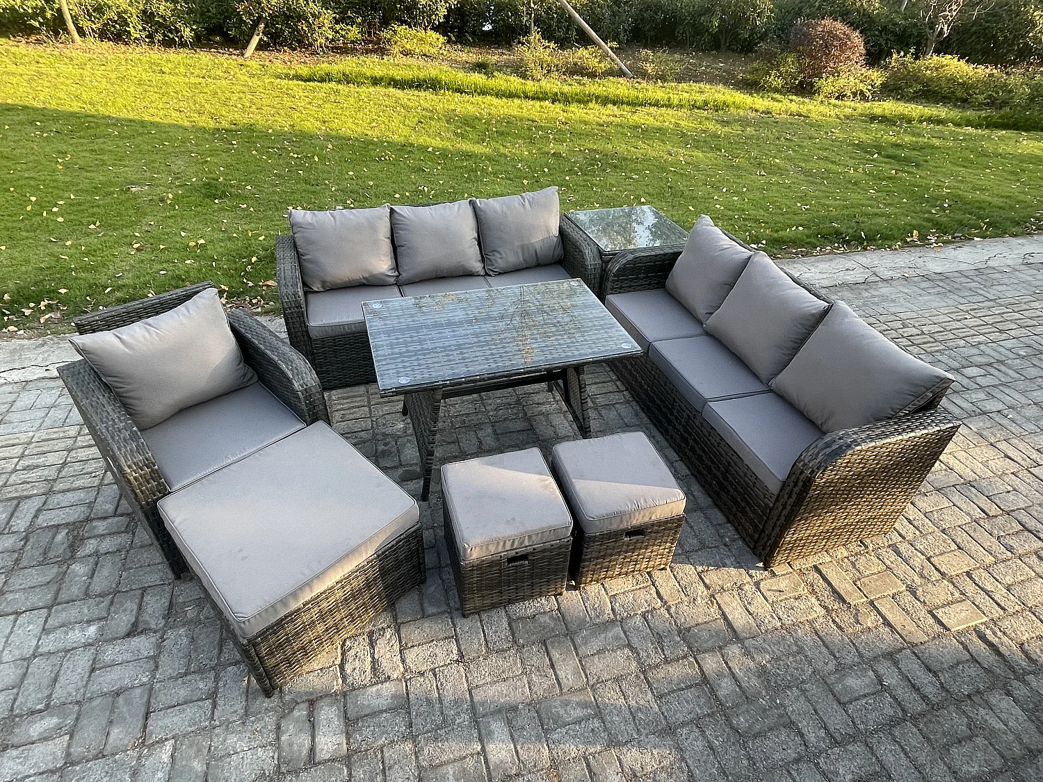Wicker 8 Stücke Polyrattan Gartenmöbel set mit Rechteckiger Esstisch Sessel 3 Hockern Beistelltisch Dunkelgrau Gemischt