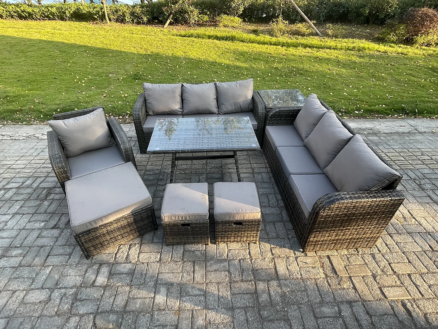 Wicker 8 Stücke Polyrattan Gartenmöbel set mit Rechteckiger Esstisch Sessel 3 Hockern Beistelltisch Dunkelgrau Gemischt