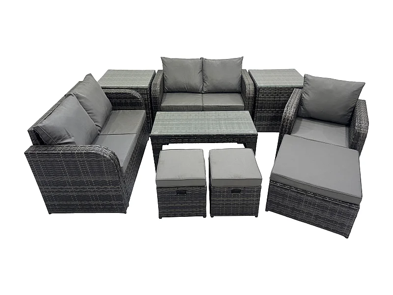 8 places Ensembles de salon de jardin avec 2 Tables d'appoint 3 Tabourets Gris foncé mixte