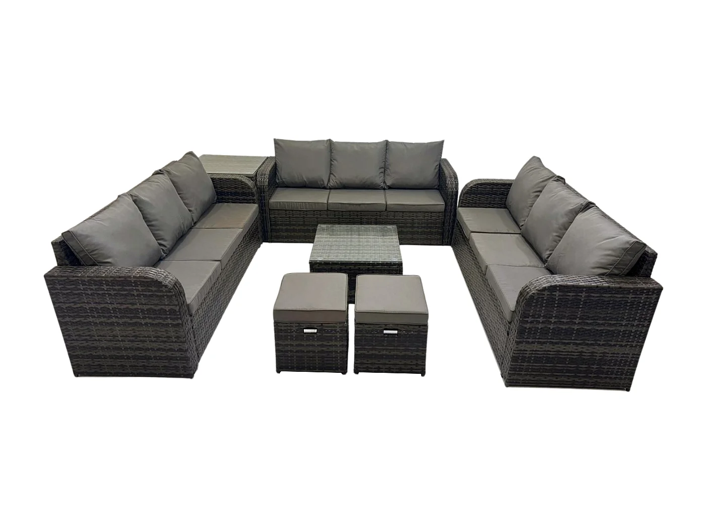 Rattan Gartenmöbel Set im Balkon Set Patio Garten Sofa Set mit Beistelltisch Quadratischer Couchtisch 3-Sitzer Sofa Dunkelgrau Gemischt