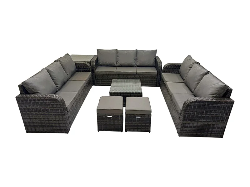 Rattan Gartenmöbel Set im Balkon Set Patio Garten Sofa Set mit Beistelltisch Quadratischer Couchtisch 3-Sitzer Sofa Dunkelgrau Gemischt