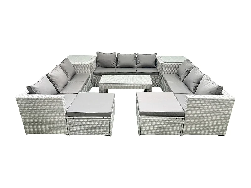 Ensemble de meubles d'extérieur en rotin 11 places avec Table basse oblongue 2 Grand tabourets 2 Tables d'appoint Gris clair mixte