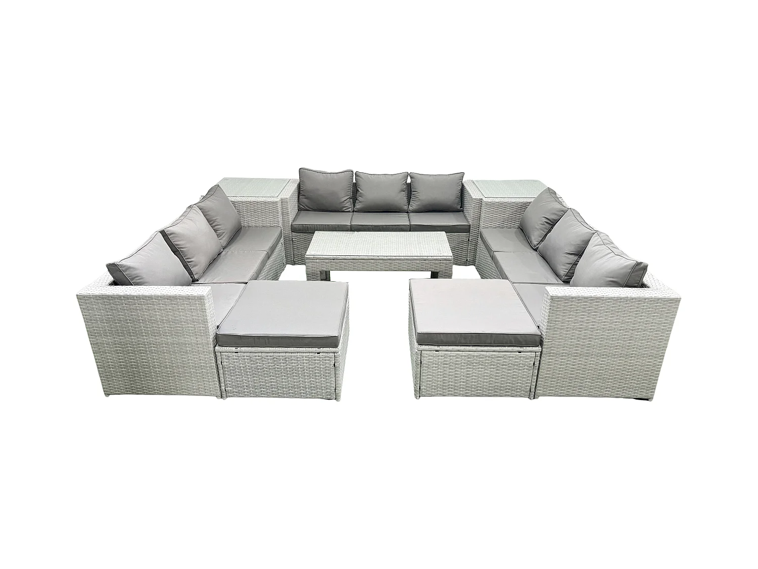 Gartenmöbel im Freien Polyrattan 11-Sitzer Garten Sofa Rechteckiger Couchtisch Set mit 2 hohen Hockern 2 Beistelltischen Hellgrau gemischt