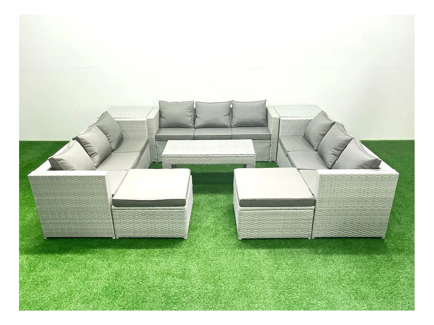 Gartenmöbel im Freien Polyrattan 11-Sitzer Garten Sofa Rechteckiger Couchtisch Set mit 2 hohen Hockern 2 Beistelltischen Hellgrau gemischt